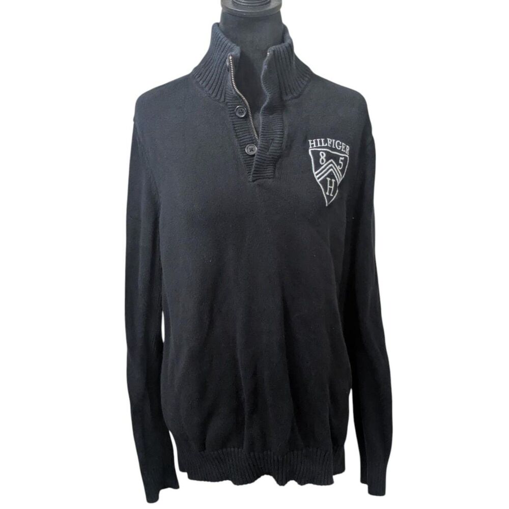 TOMMY HILFIGER Mock Neck Sweater M Black 100% Cotton Half Zip Prep Crest